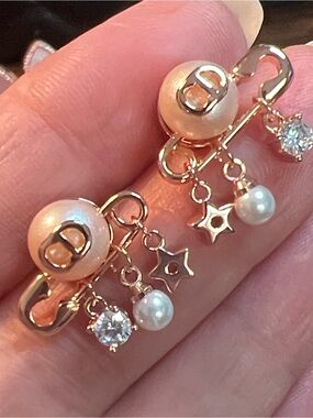 Gold-Tone Pink Pearl Drop Earrings with Star and Crystal Charms